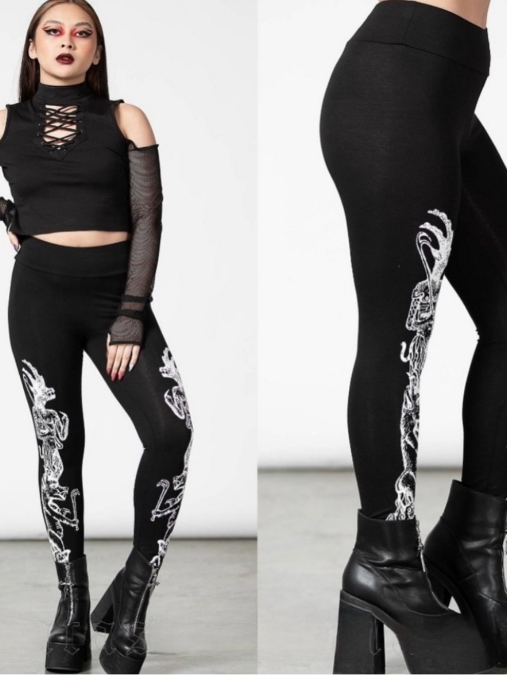 Killstar Paranoid Leggings Black Soft Cotton white occult contrasting graphic 3X